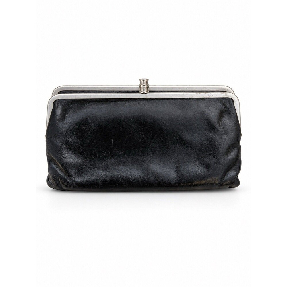 HOBO Lauren Black Leather Double Frame Clutch Wallet Kiss Lock Vintage Hide